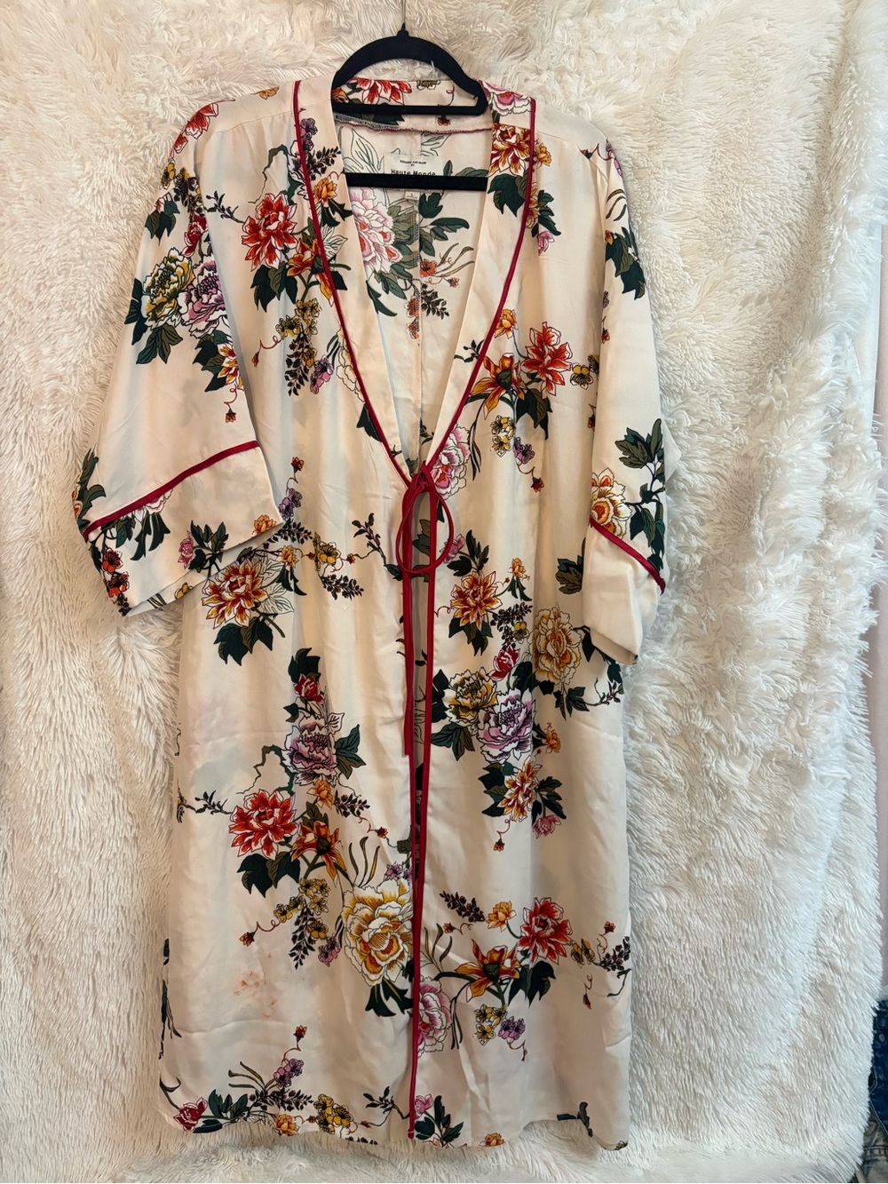 Haute Monde Floral Satin Kimono Robe with Burgundy Trim-0001
